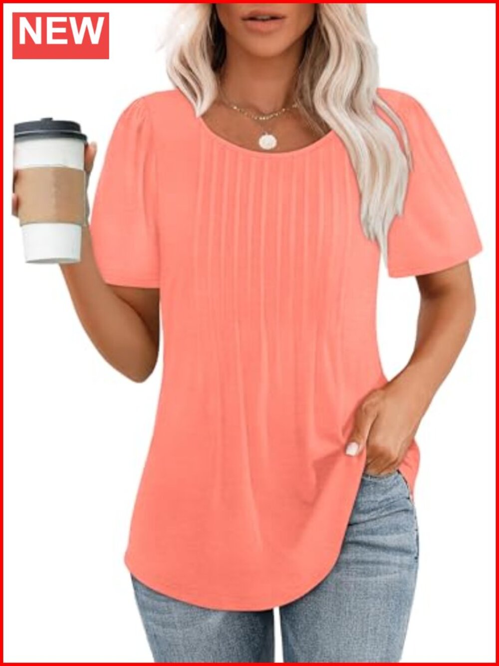 Womens Pleated Scoop Neck Short Sleeve T-Shirt Loose Fit Casual Summer Top
